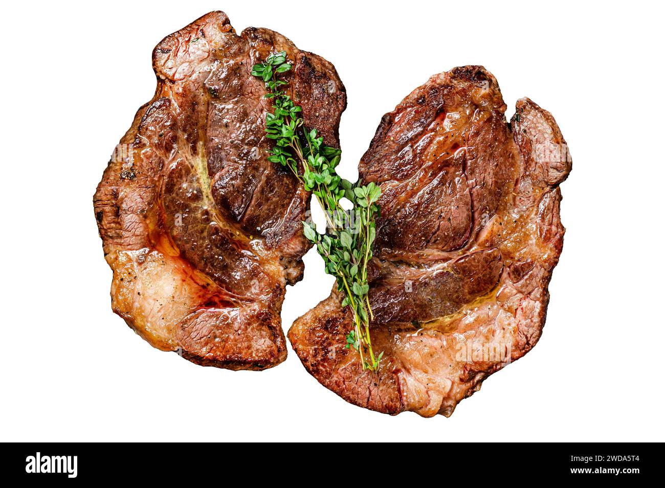 Roasted rib eye steaks Isolated on white background, Top view Stock ...