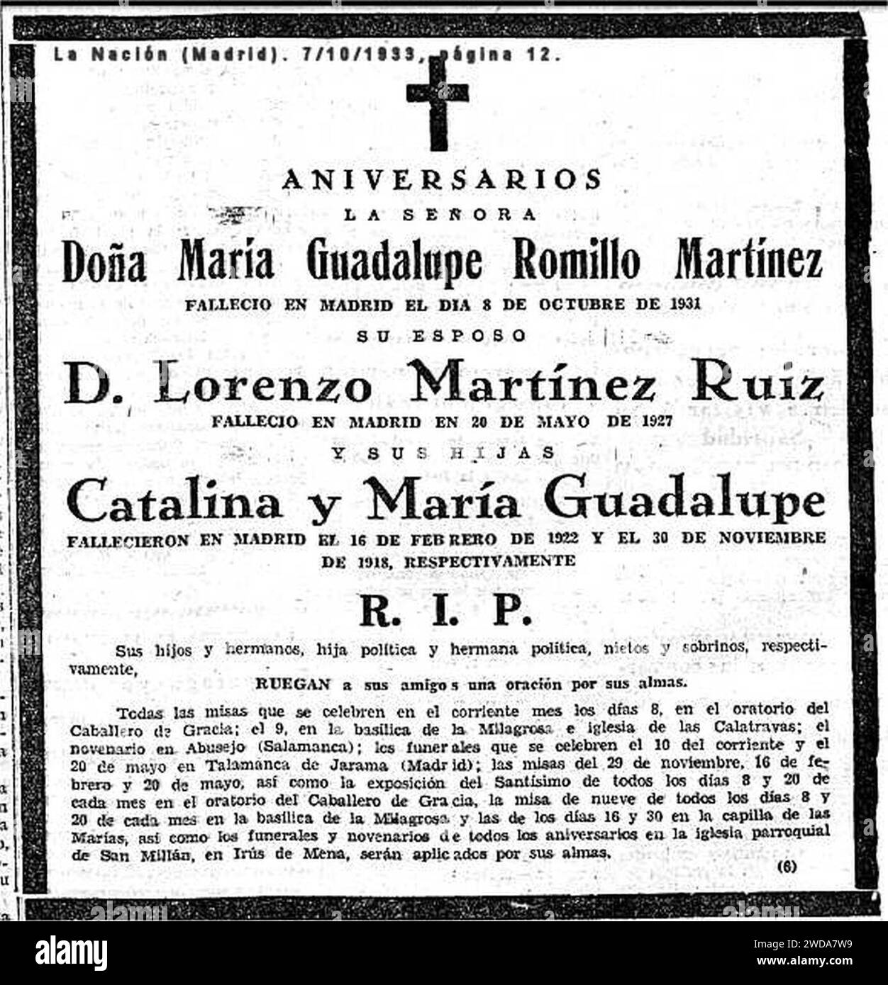 1933-10-07-Lorenzo-Martinez-Ruiz-y-hijas-aniversario. Stock Photo