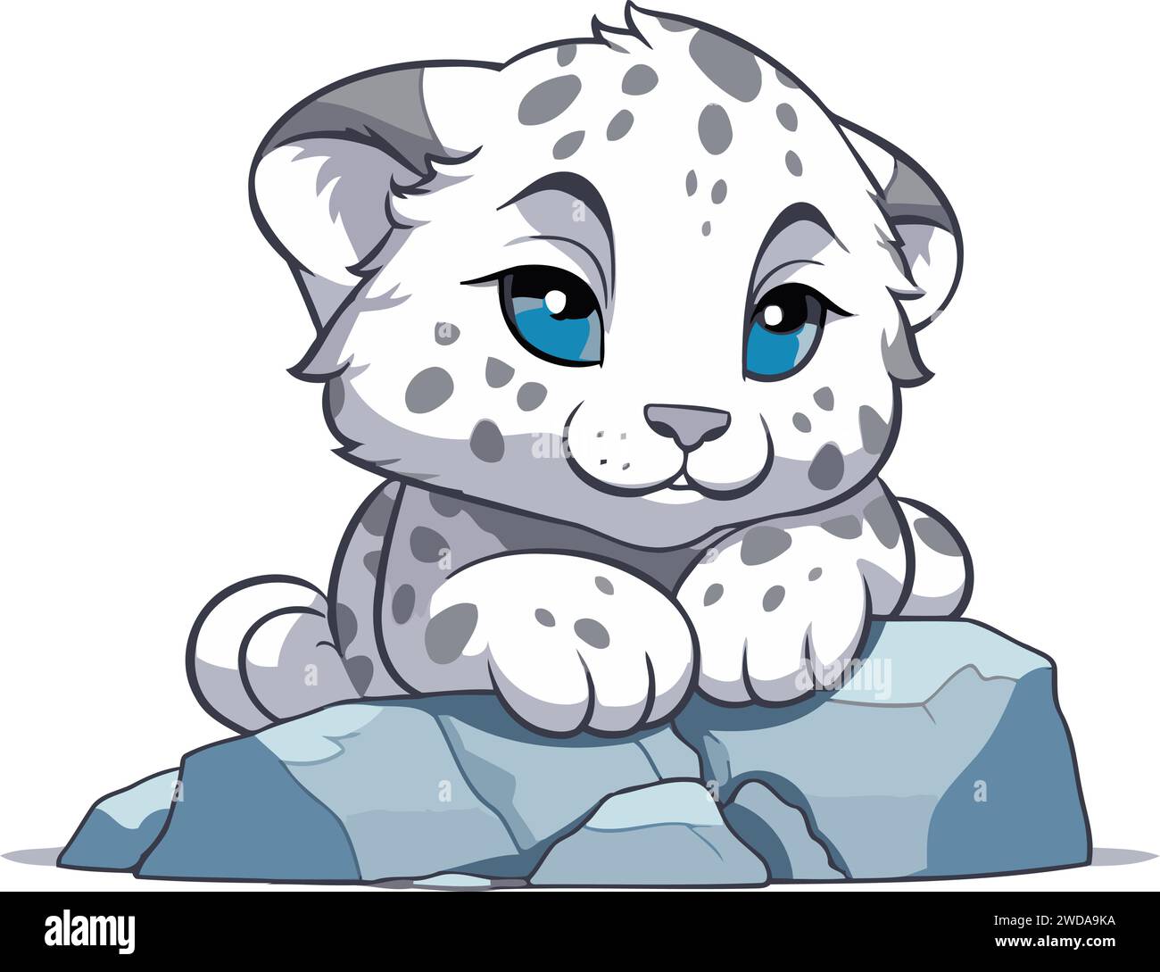 Cute cartoon snow leopard sitting on a rock. Vector illustration Stock Vector
