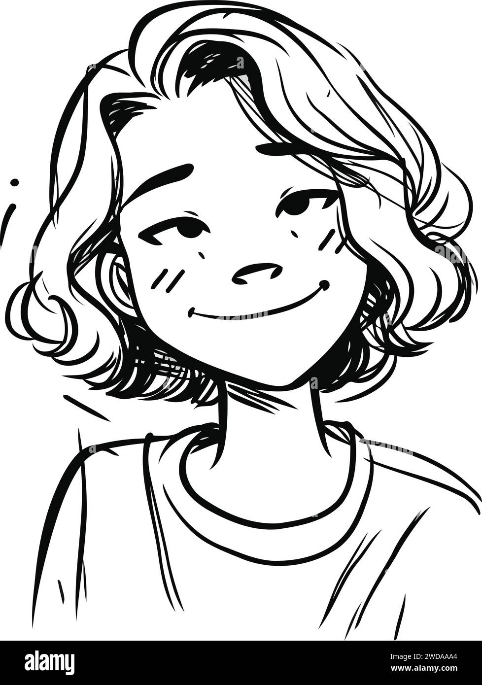 Black and White Cartoon Illustration of a Smiling Womans Face Stock