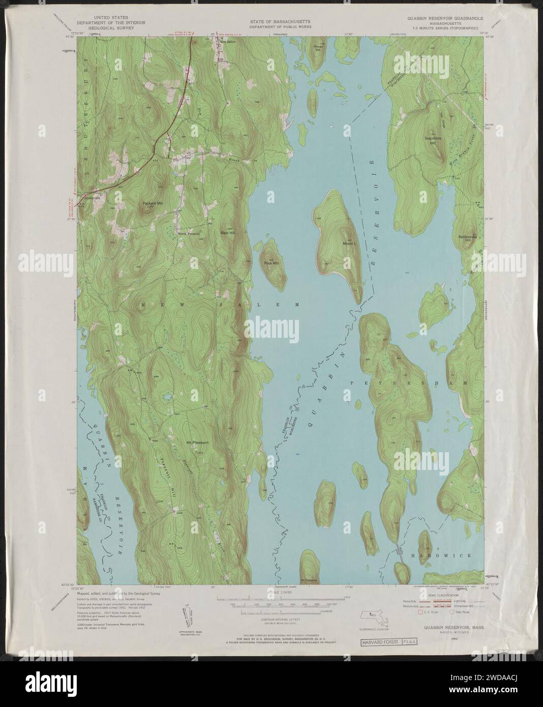 1952 Topographic Map of 7.5' Quabbin Reservoir, by the U. S. Geological Survey, Stock Photo