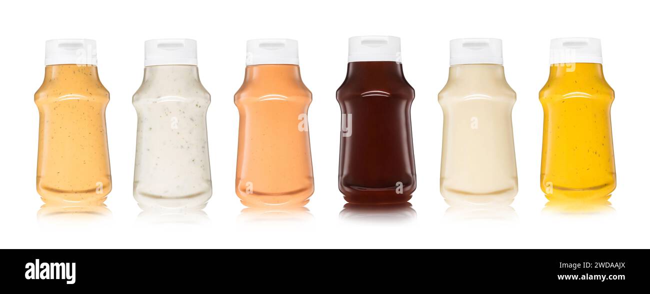 Various sauces in plastic bottles on white.Burger,garlic,mayo,barbecue