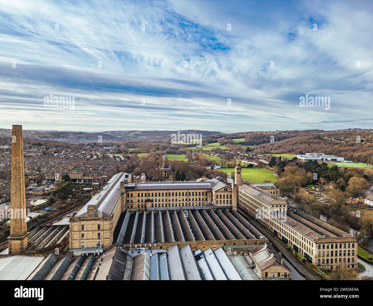 Aerial view of Salts Mill, Saltaire, old Victorian textile factory in