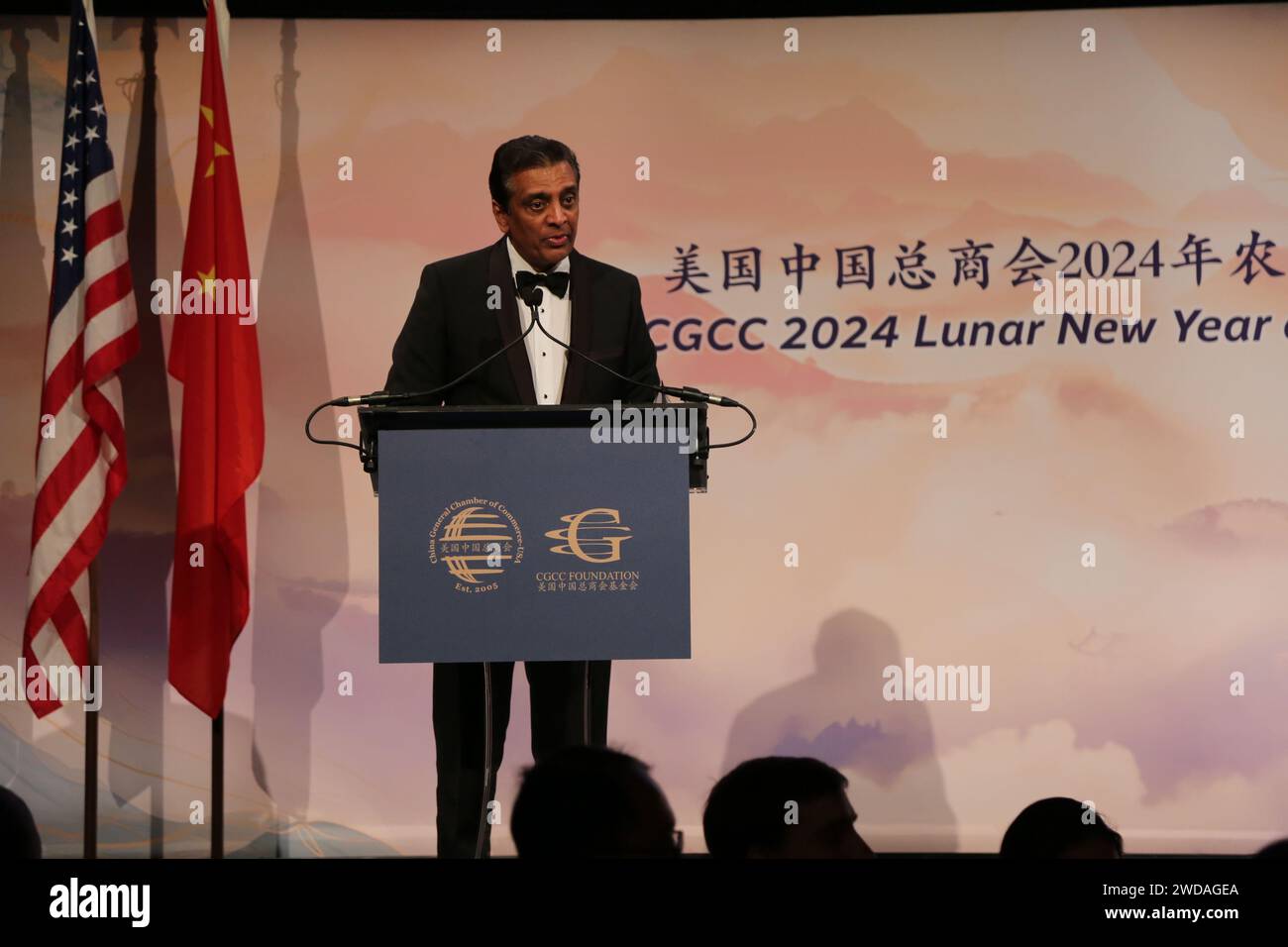 New York, USA. 18th Jan, 2024. Raj Subramaniam, president and CEO of FedEx Corporation, speaks at the China General Chamber of Commerce-U.S.A.(CGCC) 2024 Lunar New Year of the Dragon Gala in New York, the United States, on Jan. 18, 2024. Business leaders from Chinese and American corporations are more upbeat about China-U.S. relations as bilateral ties have experienced stabilization and improvement in recent months. Credit: Liu Yanan/Xinhua/Alamy Live News Stock Photo