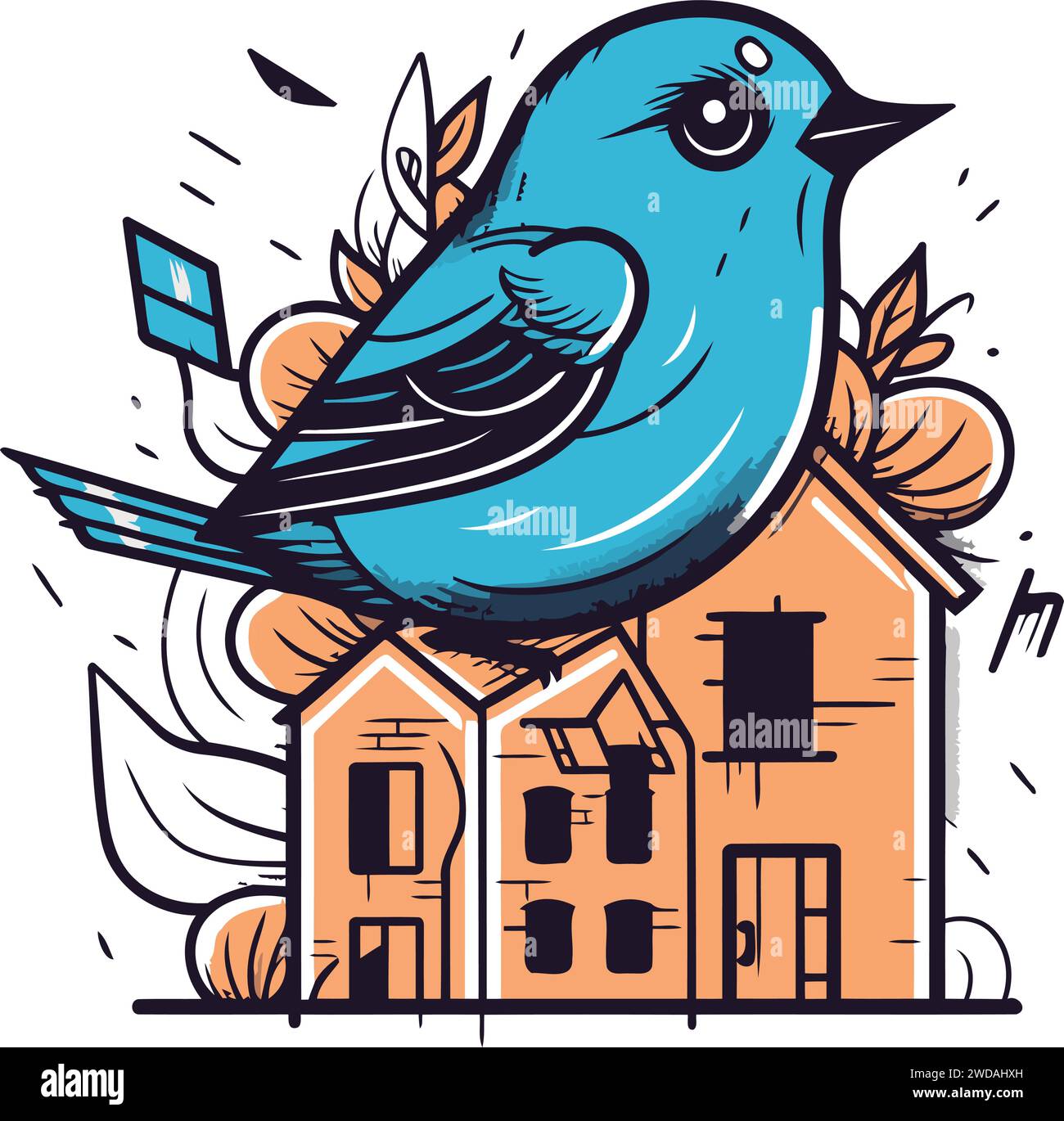 Hand drawn vector illustration of a cute little blue bird sitting on