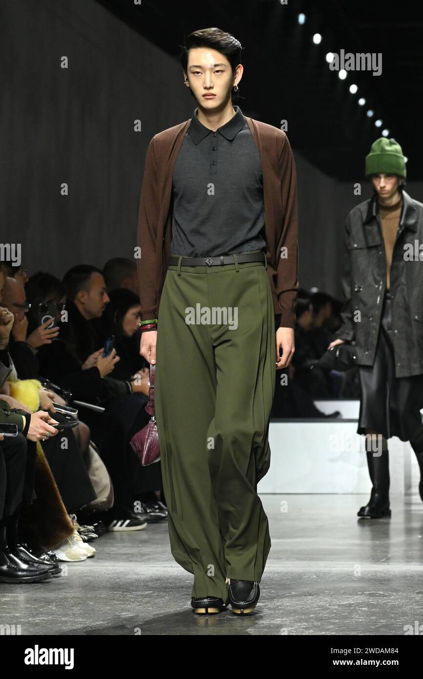 Milan, Italy. 13th Jan, 2024. Fendi fashion show catwalk at Milan
