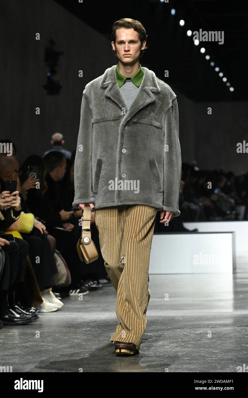 Milan, Italy. 13th Jan, 2024. Fendi fashion show catwalk at Milan