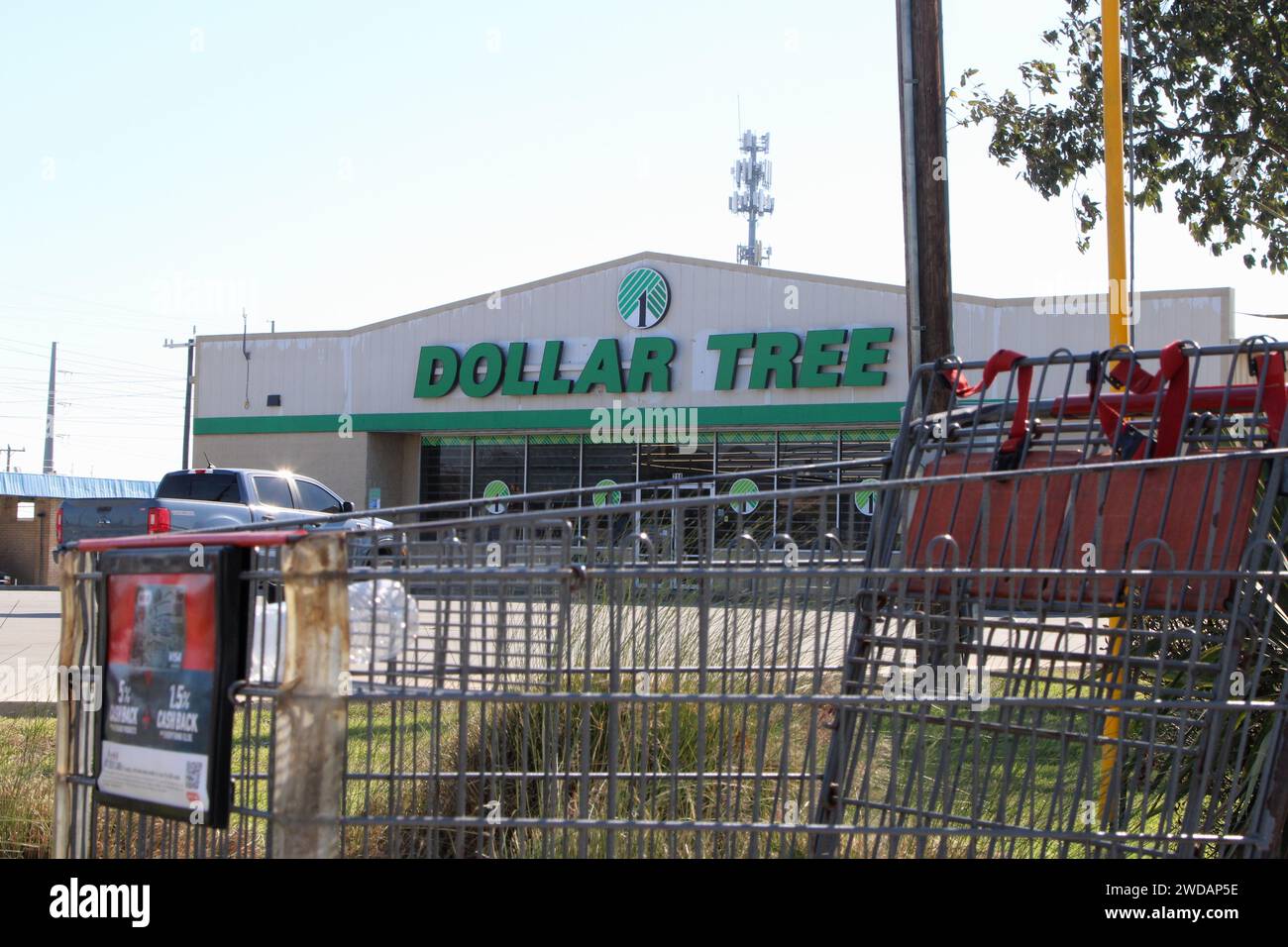San Antonio, USA. 19th Jan, 2024. Exterior view and signage of a Dollar