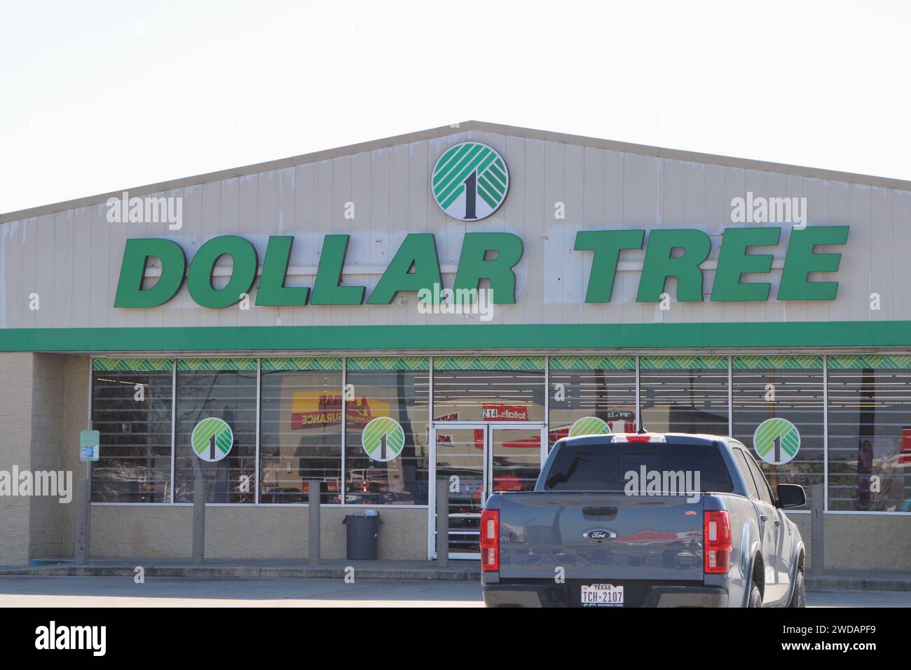 San Antonio, USA. 19th Jan, 2024. Exterior view and signage of a Dollar