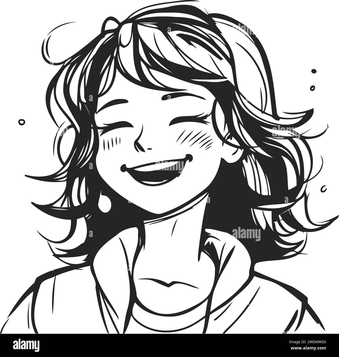 Smiling girl with long hair. Vector illustration in black and white