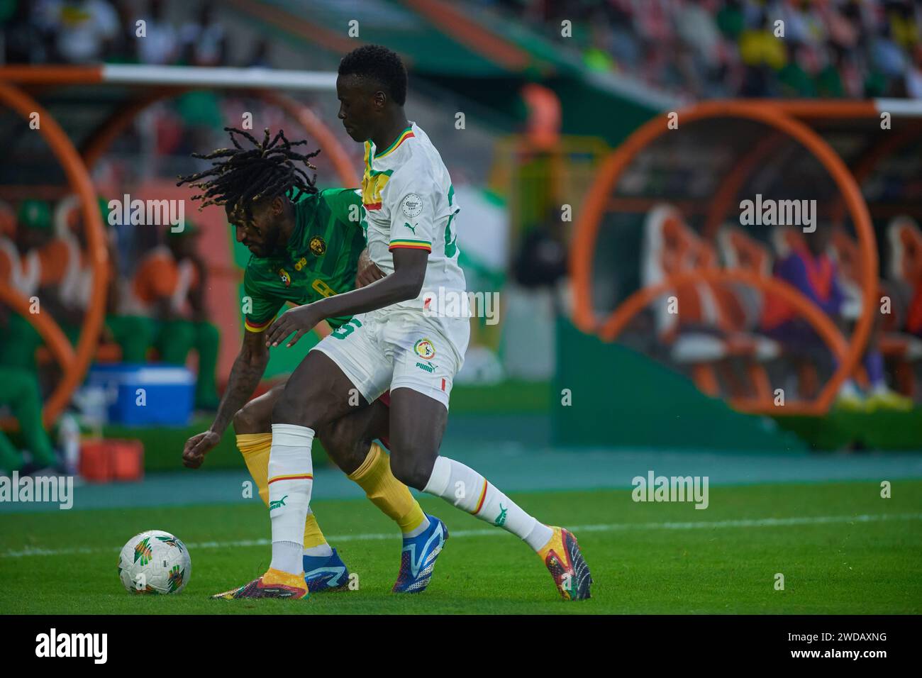 Highlights of the match between Senegal and Cameroon at the Africa Cup of Nations 2023,  the duel between Zambo Anguissa and Pape Gueye Stock Photo