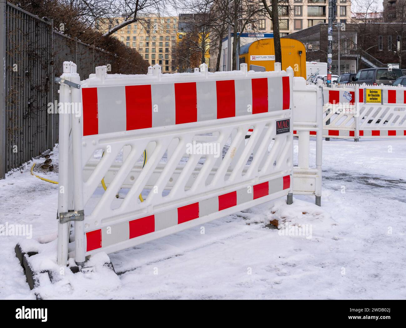 Warnings At A Construction Site, Winter With Snow, Berlin, Germany Stock Photo