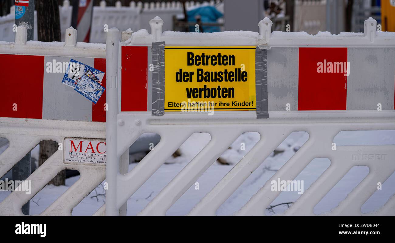 Warnings At A Construction Site, Winter With Snow, Berlin, Germany Stock Photo