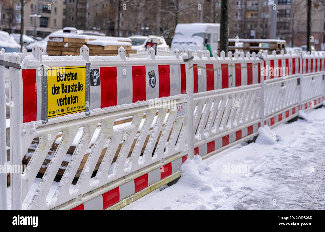 Warnings At A Construction Site, Winter With Snow, Berlin, Germany Stock Photo