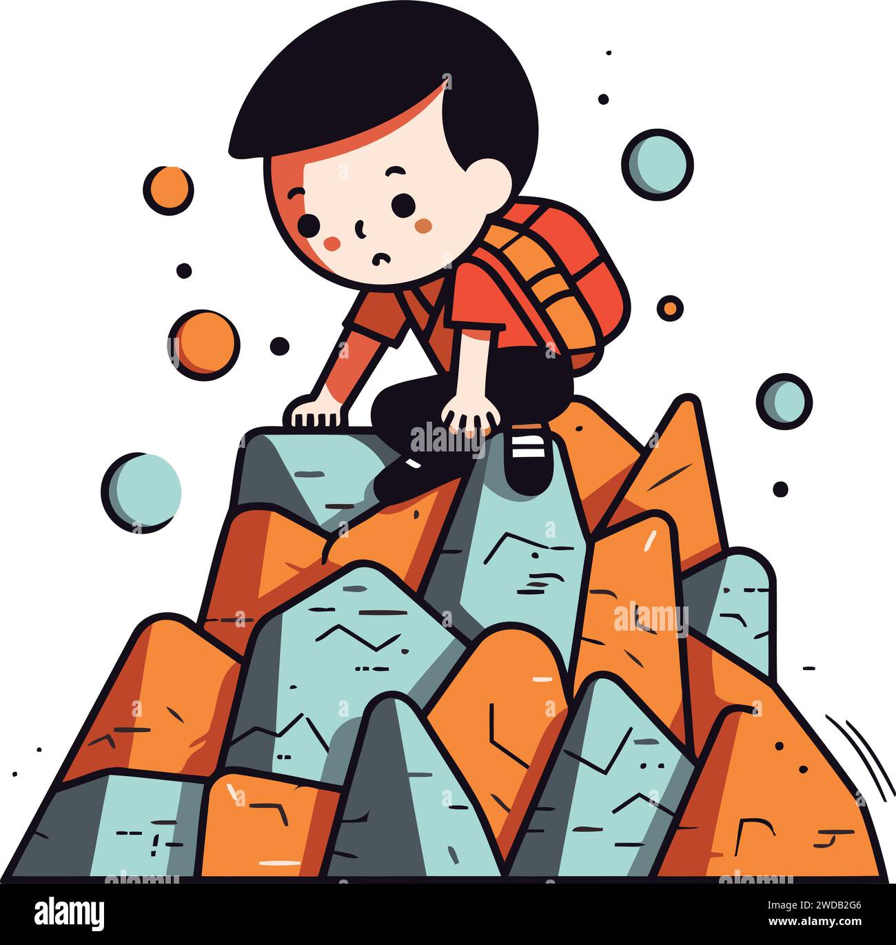 Little boy sitting on the top of the mountain. Flat style vector illustration. Stock Vector