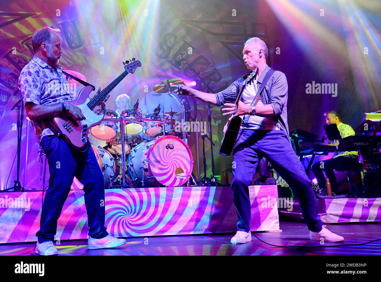 Prague, Czech Republic. 25th July, 2019. ***FILE PHOTO***Guitarist Guy Pratt of Saucerful Of Secrets, the band led by Pink Floyd drummer Nick Mason (centre), perform in Lucerna Hall, Prague, Czech Republic, on Thursday, July 25, 2019. On the front there are guitarists Guy Pratt, left, and Gary Kemp. Credit: Vit Simanek/CTK Photo/Alamy Live News Stock Photo