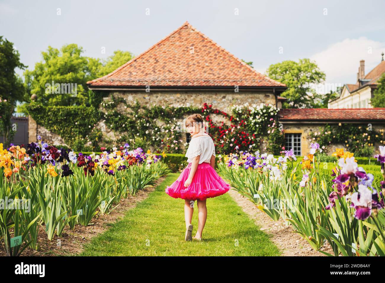 Outdoor portrait of adorable little girl playing in a beautiful flower park on a nice summer day. Fashion kid girl wearing white blouse and bright pin Stock Photo
