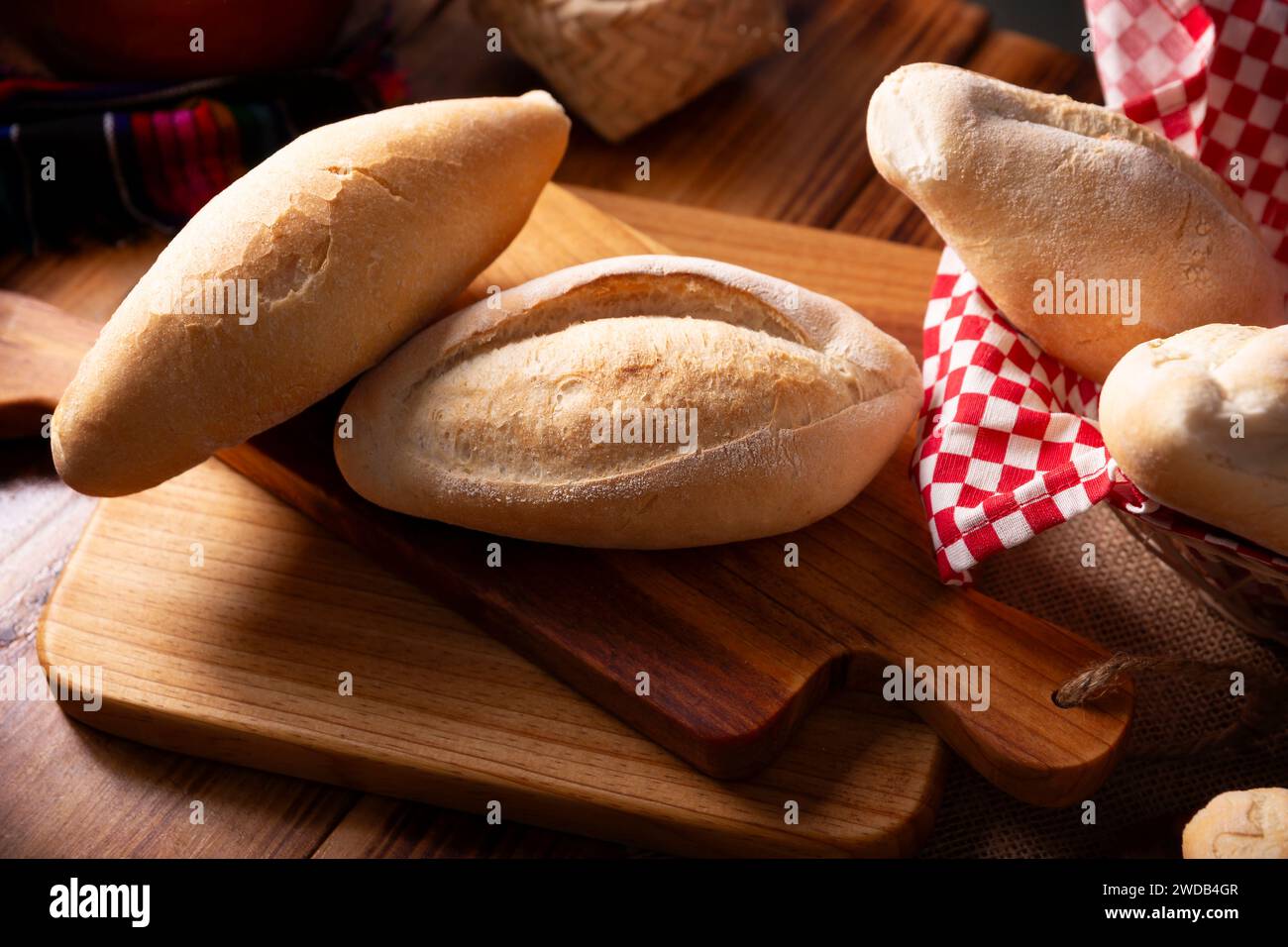 Bolillo bread. Traditional mexican bakery. White bread also called french bread commonly used to accompany food and to prepare Mexican sandwiches call Stock Photo