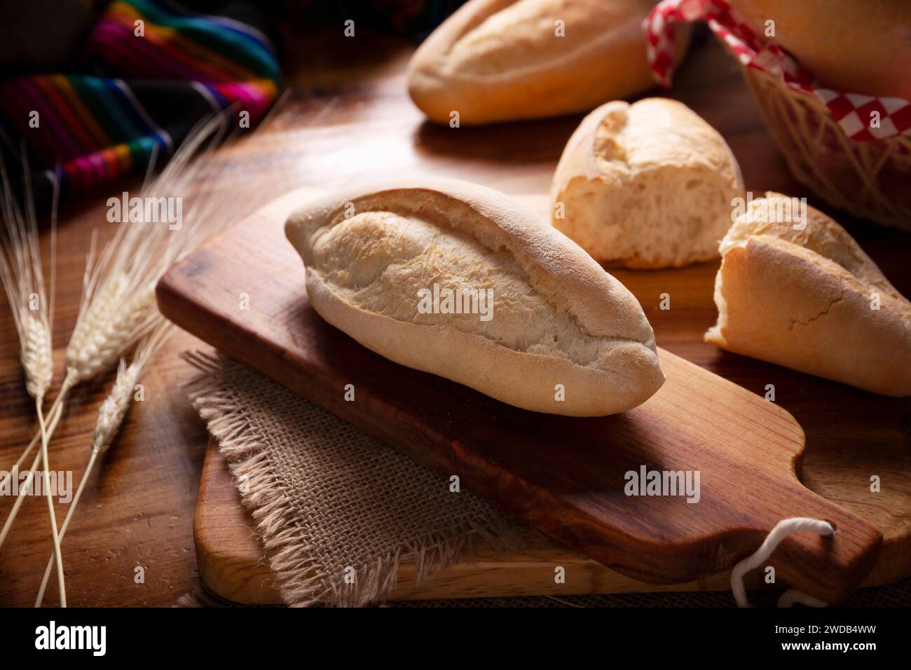 Bolillo bread. Traditional mexican bakery. White bread also called french bread commonly used to accompany food and to prepare Mexican sandwiches call Stock Photo