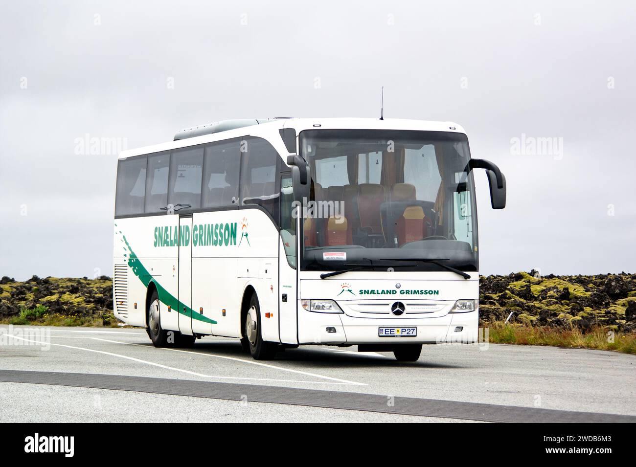 REYKJAVIK, ICELAND - JULY 10, 2014: Mercedes-Benz Tourismo luxury coush of Snaeland Grimsson transportation company Stock Photo