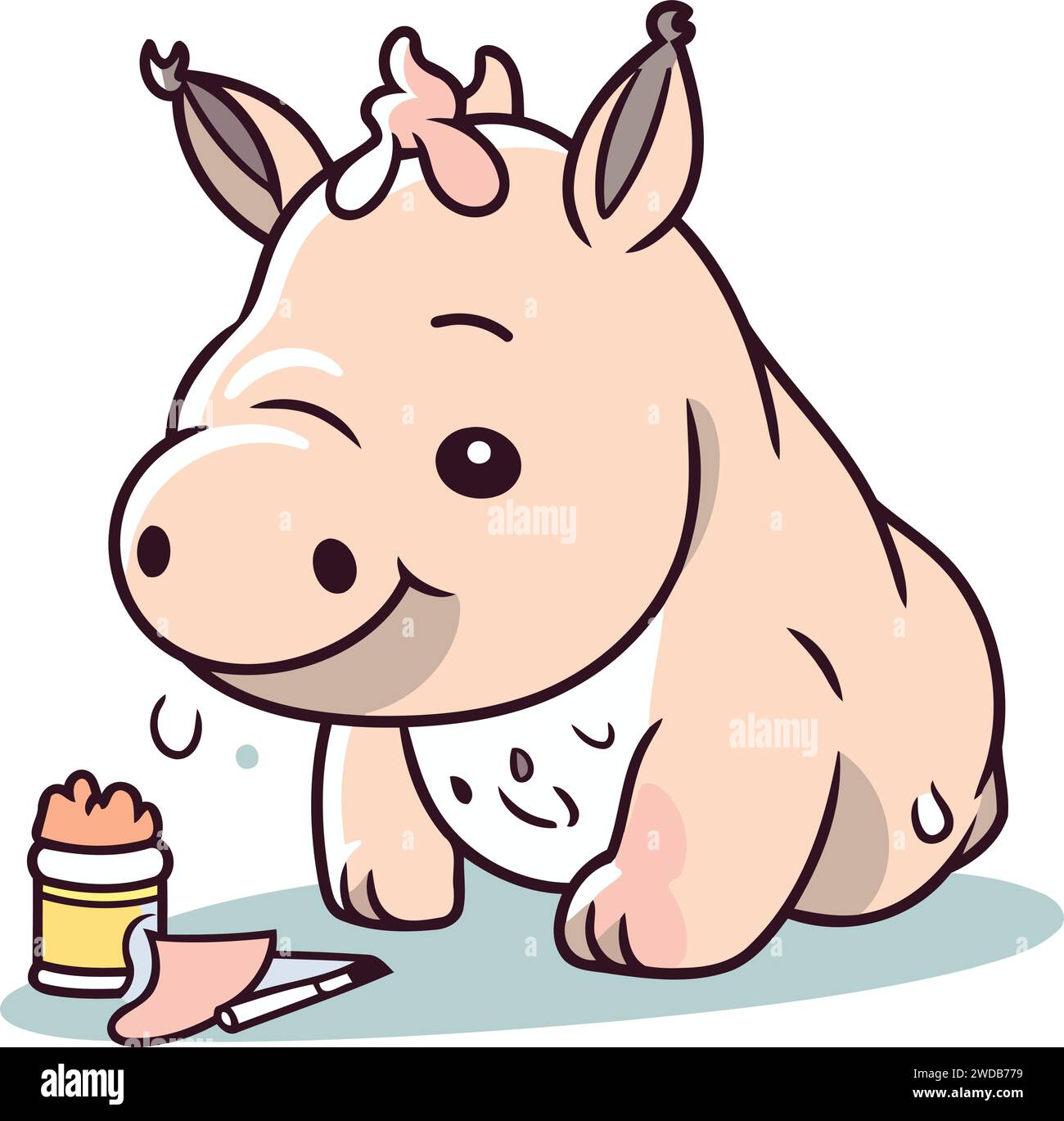 Cute baby rhinoceros with a bottle of milk and a pencil Stock Vector