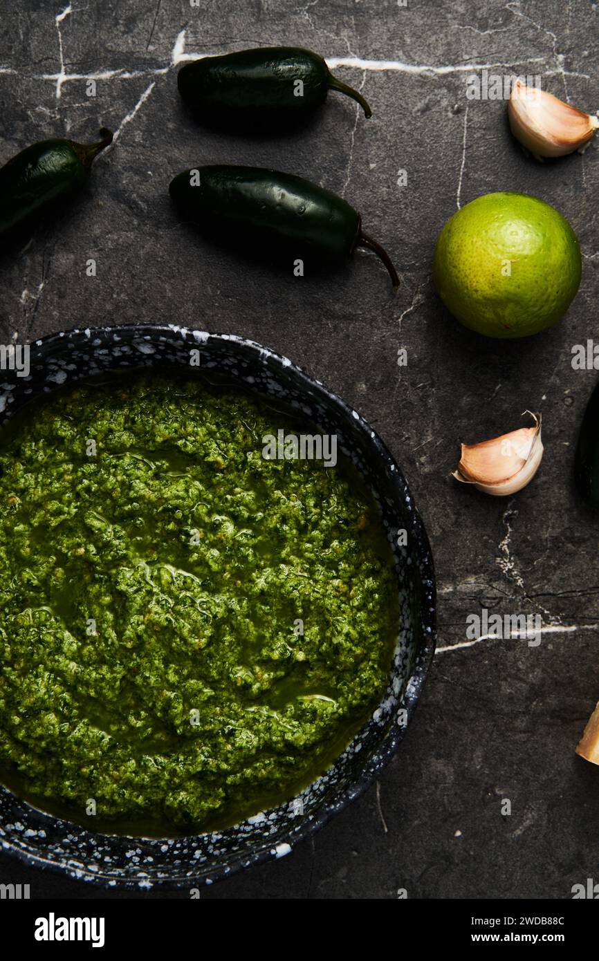 Jalapeno Pesto. Pesto made from basil leaves with jalapeno peppers