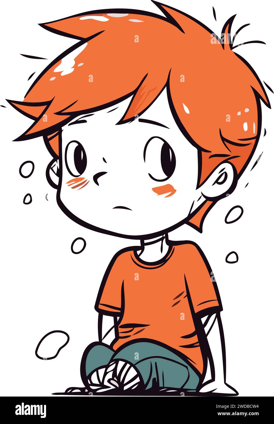 Illustration of a sad boy sitting on the floor and crying Stock Vector