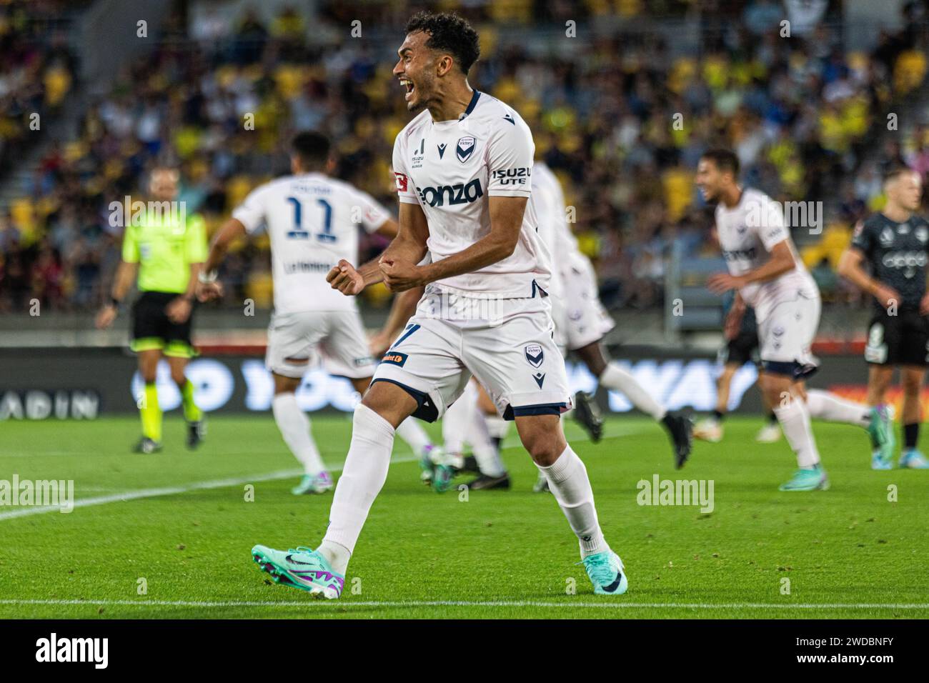 Friday 19th January 2024. A-League - Wellington Phoenix vs. Melbourne Victory. Nishan Velupillay celebrates after his effort is deflected past Wellington Phoenix goalkeeper Alex Paulsen by teammate Connor Chapman during the A-League clash between Wellington Phoenix and Melbourne Victory at the Sky Stadium. Credit: James Foy/Alamy Live News Stock Photo