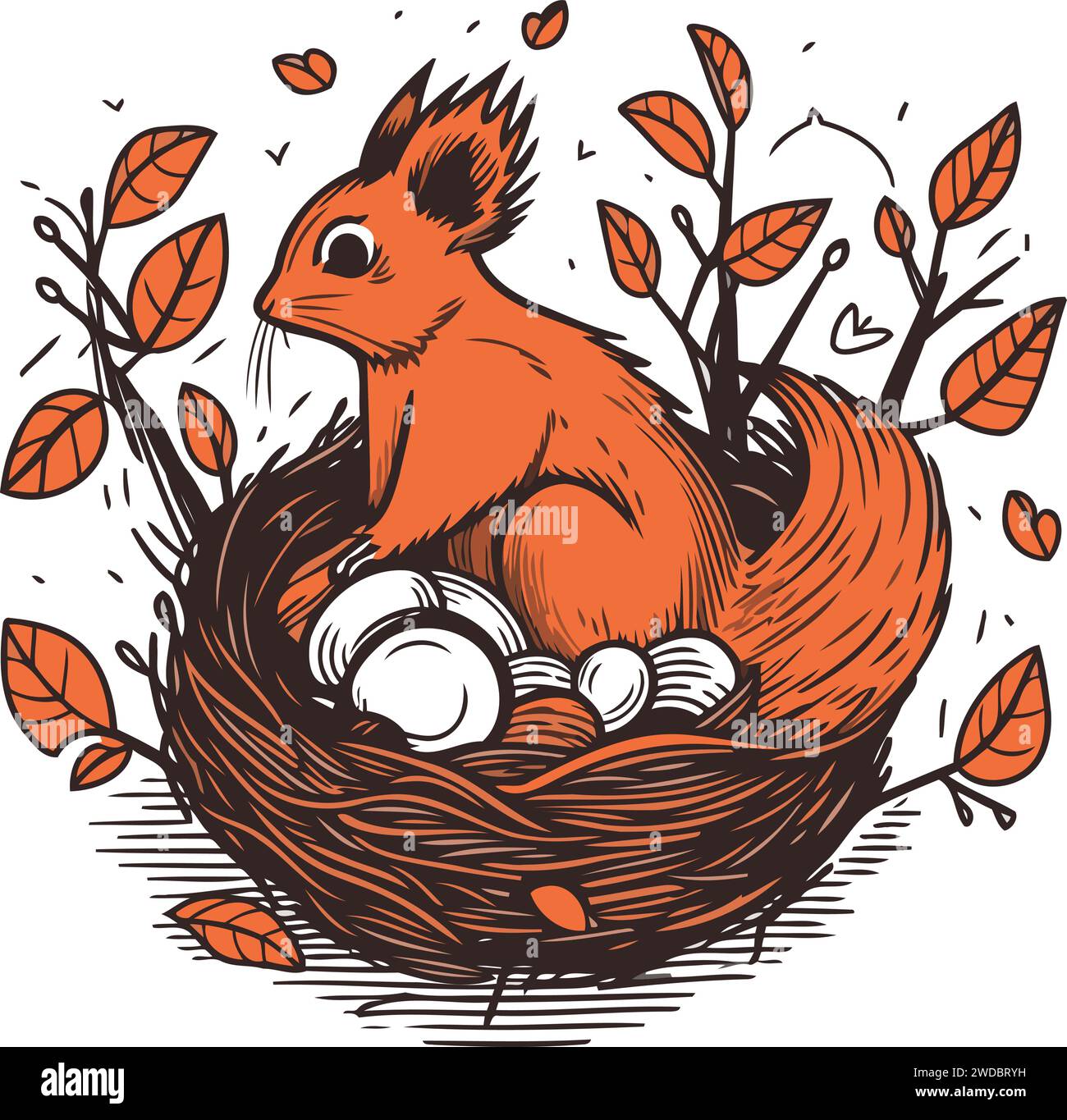 Hand drawn vector illustration of a squirrel in a nest with eggs Stock