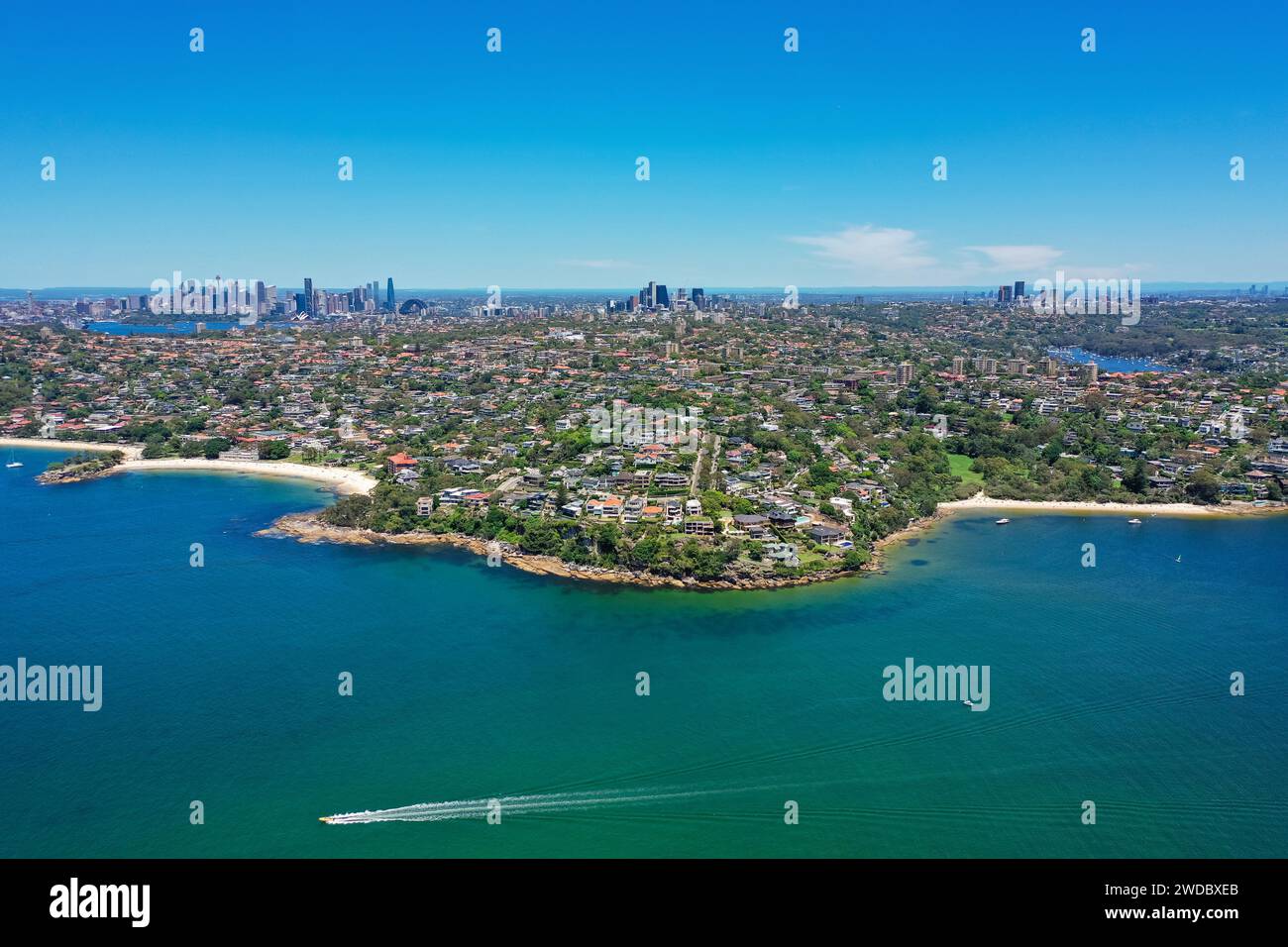 Beautiful high angle aerial drone view of Edwards Beach and Chinamans Beach in the suburb of Mosman, Sydney, New South Wales, Australia. CBD, North Sy Stock Photo