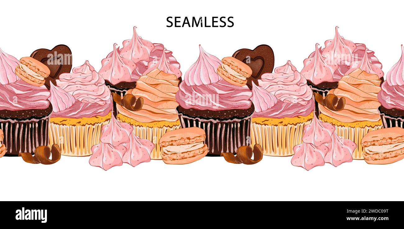 Seamless food border. Cupcake with berries cream, macaron, chocolate and meringue. Realistic style. Hand drawn illustration isolated on white backgrou Stock Photo