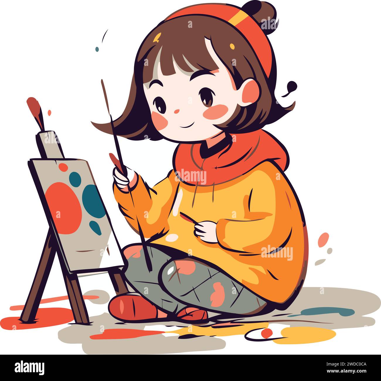 Illustration of a little girl painting a picture. Vector illustration ...