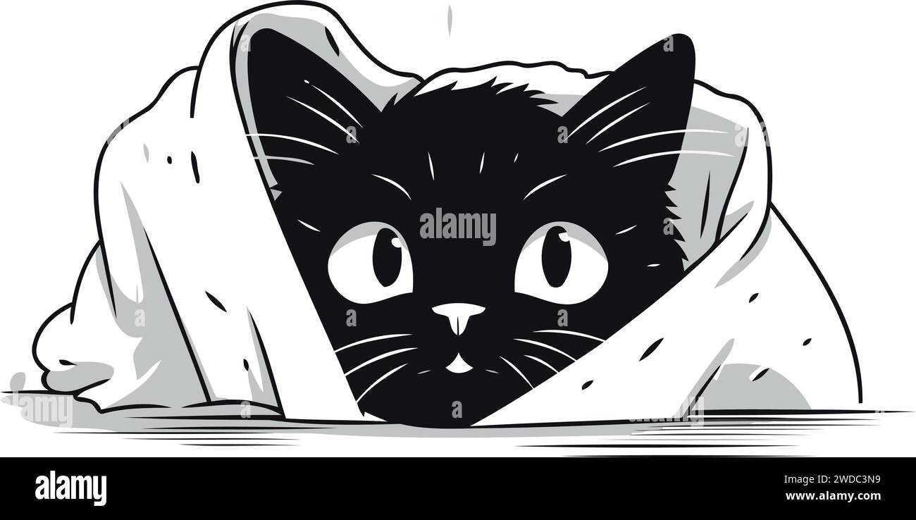 Cute black cat peeking out from under the blanket. Vector illustration