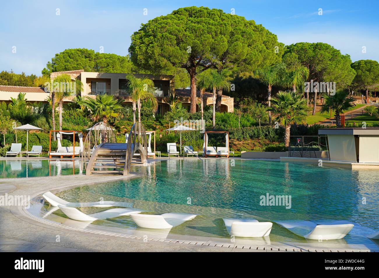 BAJA SARDINIA, ITALY -21 OCT 2023 – View of the 7Pines Resort Sardinia, a new luxury hotel and resort managed by Destination by Hyatt on the Costa Sme Stock Photo