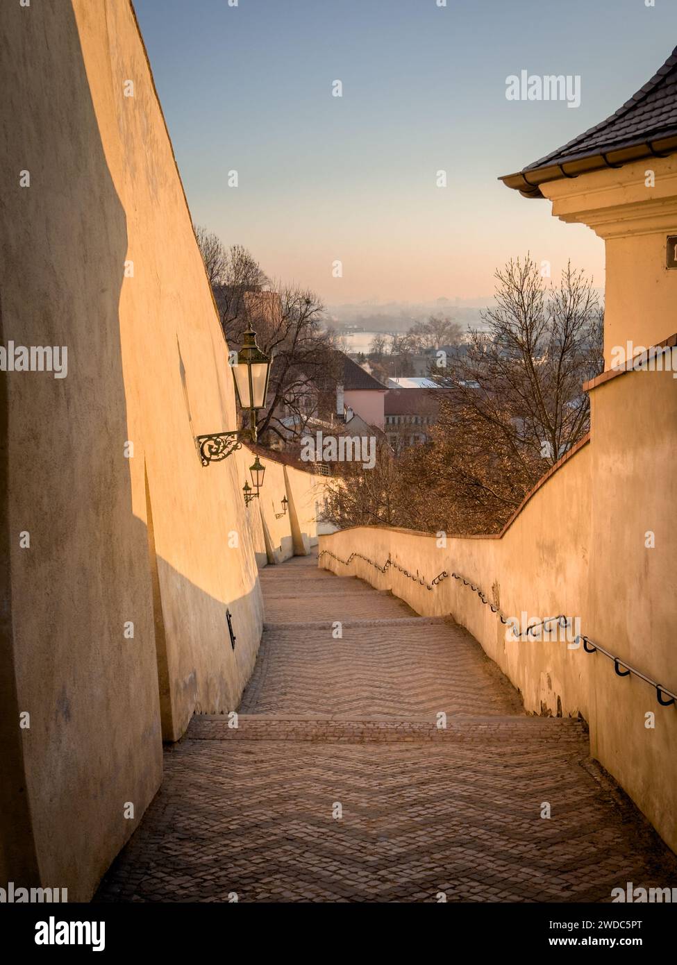Morning journey up the Castle steps to Prague Castle. Winter twilight at dawn. Prague, Czech Republic Stock Photo