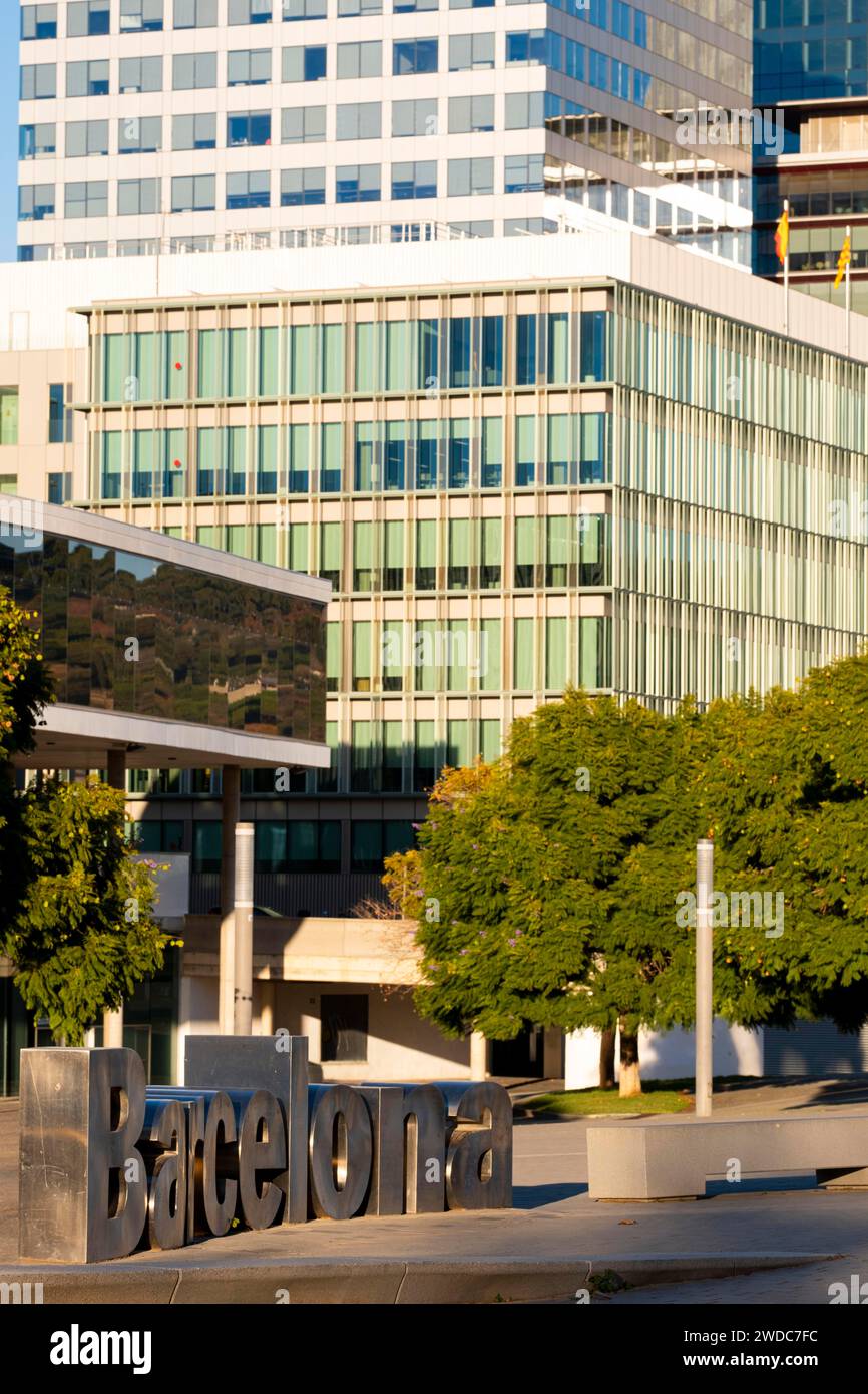 Conglomerate of modern high-rise buildings in a financial area in the metropolitan area of Barcelona in Spain Stock Photo