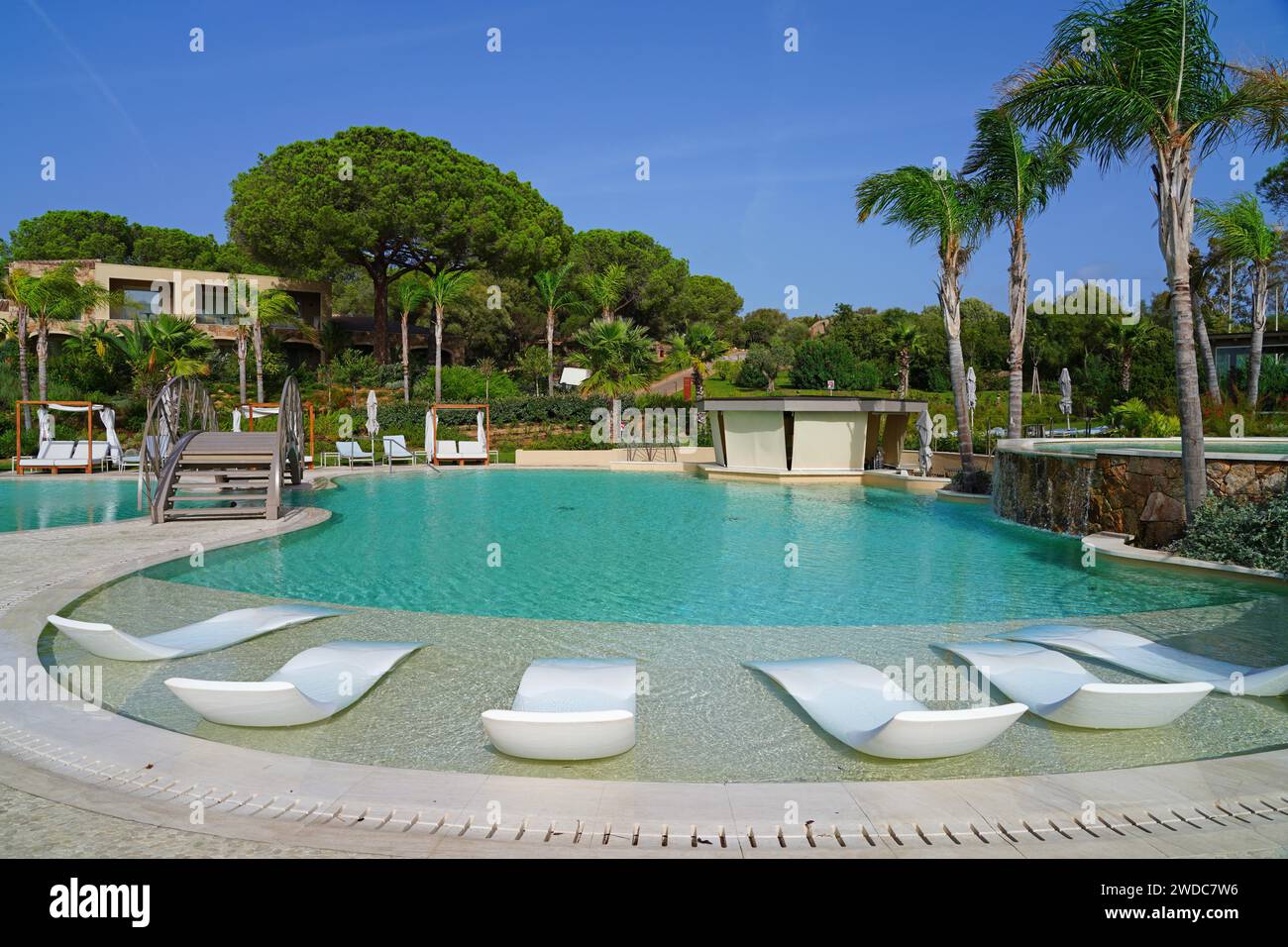 BAJA SARDINIA, ITALY -23 OCT 2023 – View of the 7Pines Resort Sardinia, a new luxury beach hotel and resort managed by Destination by Hyatt on the Cos Stock Photo