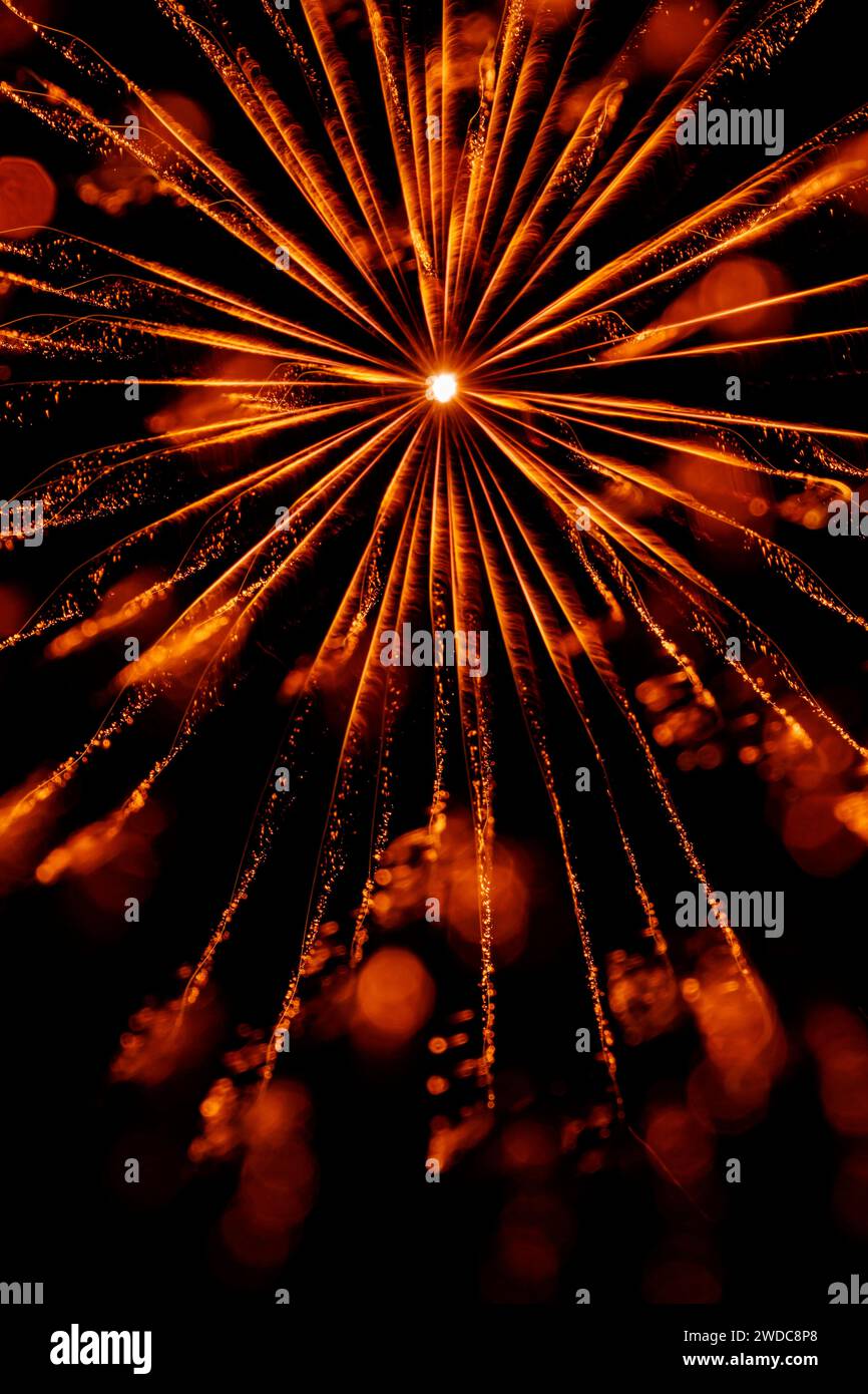Fireworks with abstract special effects including: in focus, out of focus, focus shift, in camera motion. Fireworks at Delco Park, Kettering, Dayton, Stock Photo