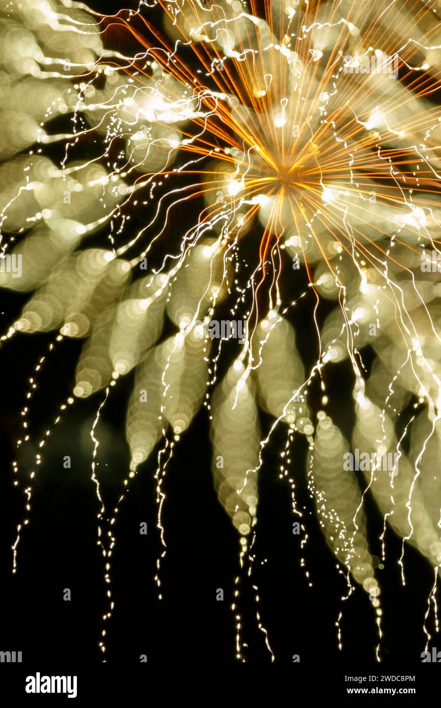 Fireworks with abstract special effects including: in focus, out of focus, focus shift, in camera motion. Fireworks at Delco Park, Kettering, Dayton, Stock Photo