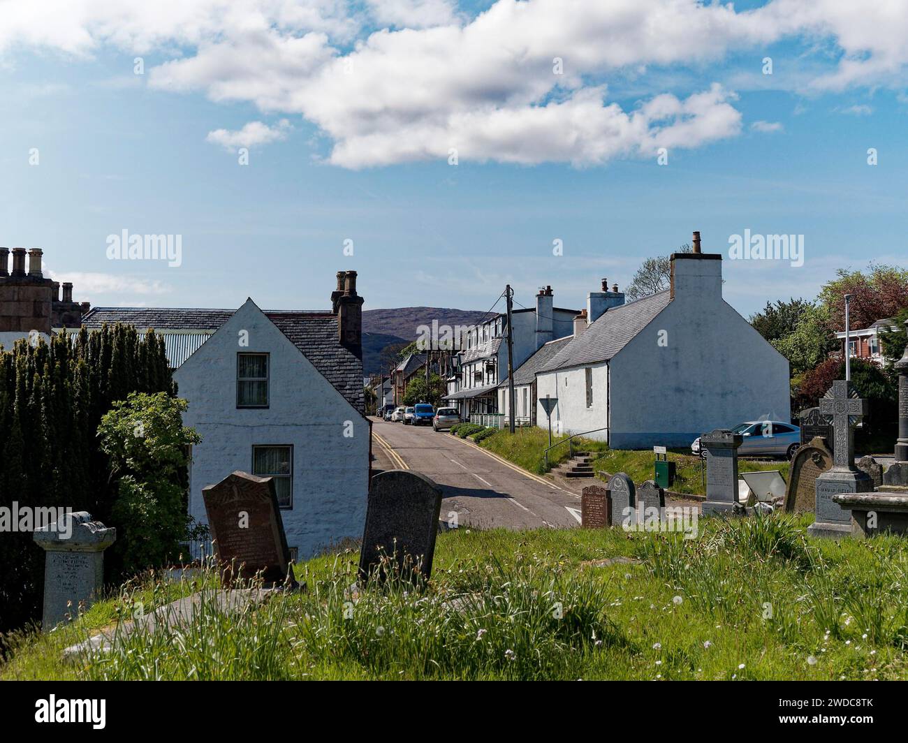View from the old cemetery to the neighbourhood of Ullapool. Scotland, Great Britain Stock Photo