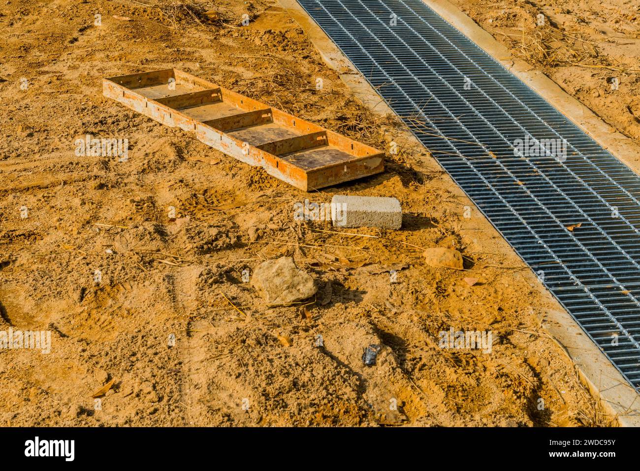 Closeup of concrete form on ground of construction site, South Korea