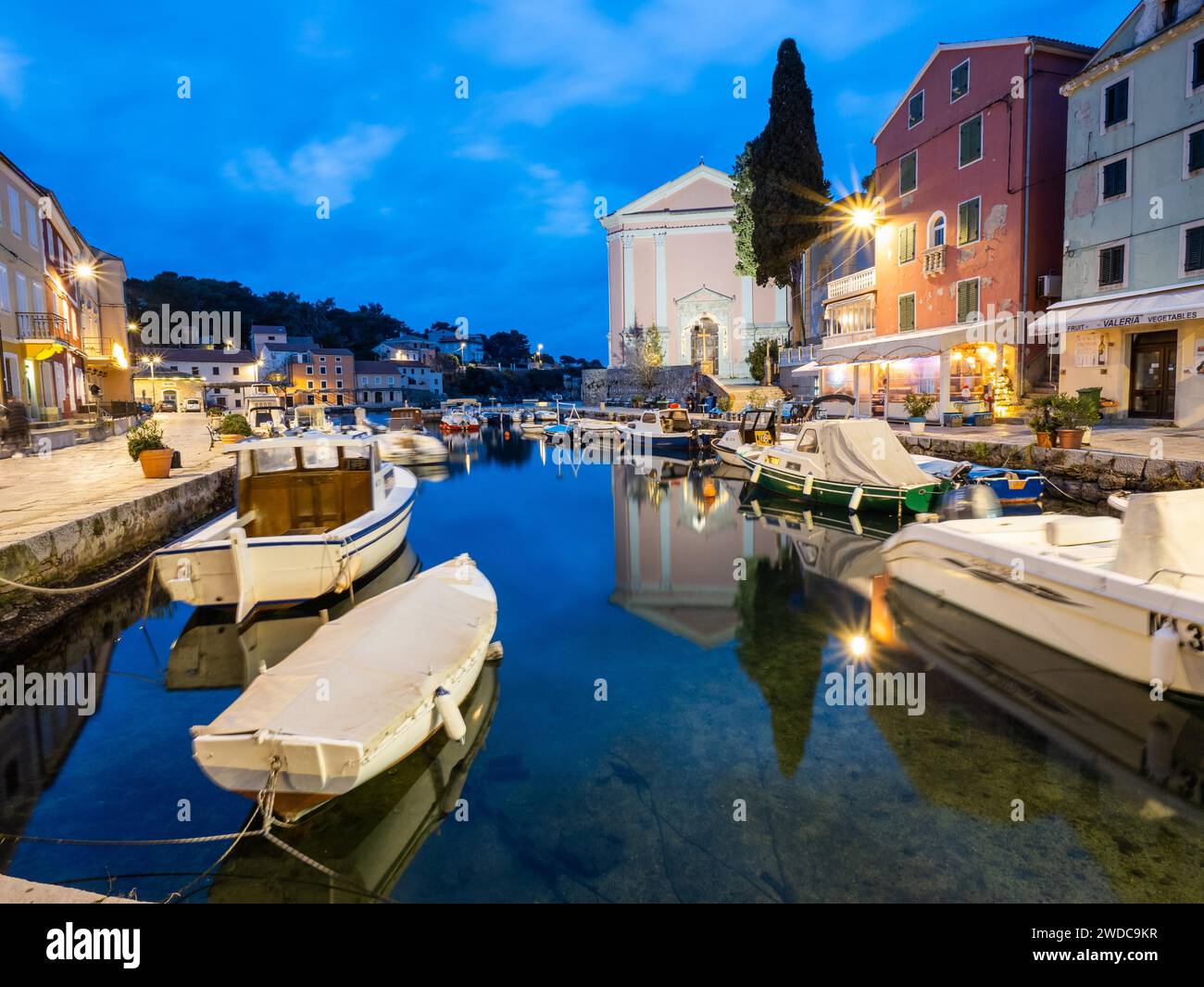 Blue hour in the harbour, Veli Losinj, Kvarner Gulf Bay, Losinj Island, Croatia Stock Photo