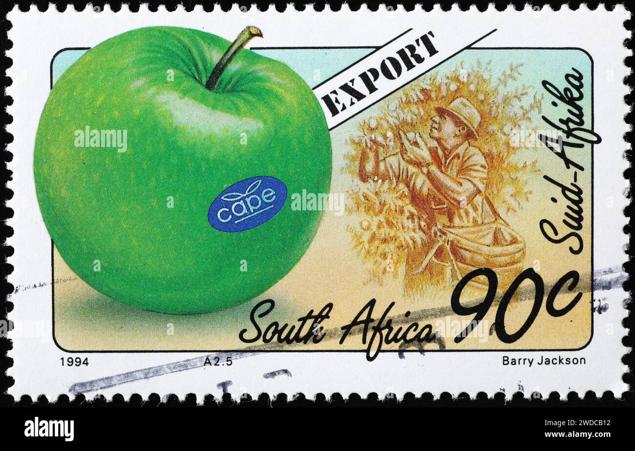 Export of south african apples on postage stamp Stock Photo