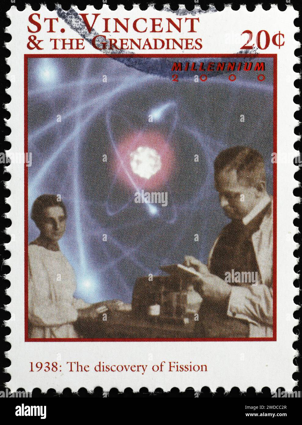 The discovery of fission in 1938 on postage stamp Stock Photo