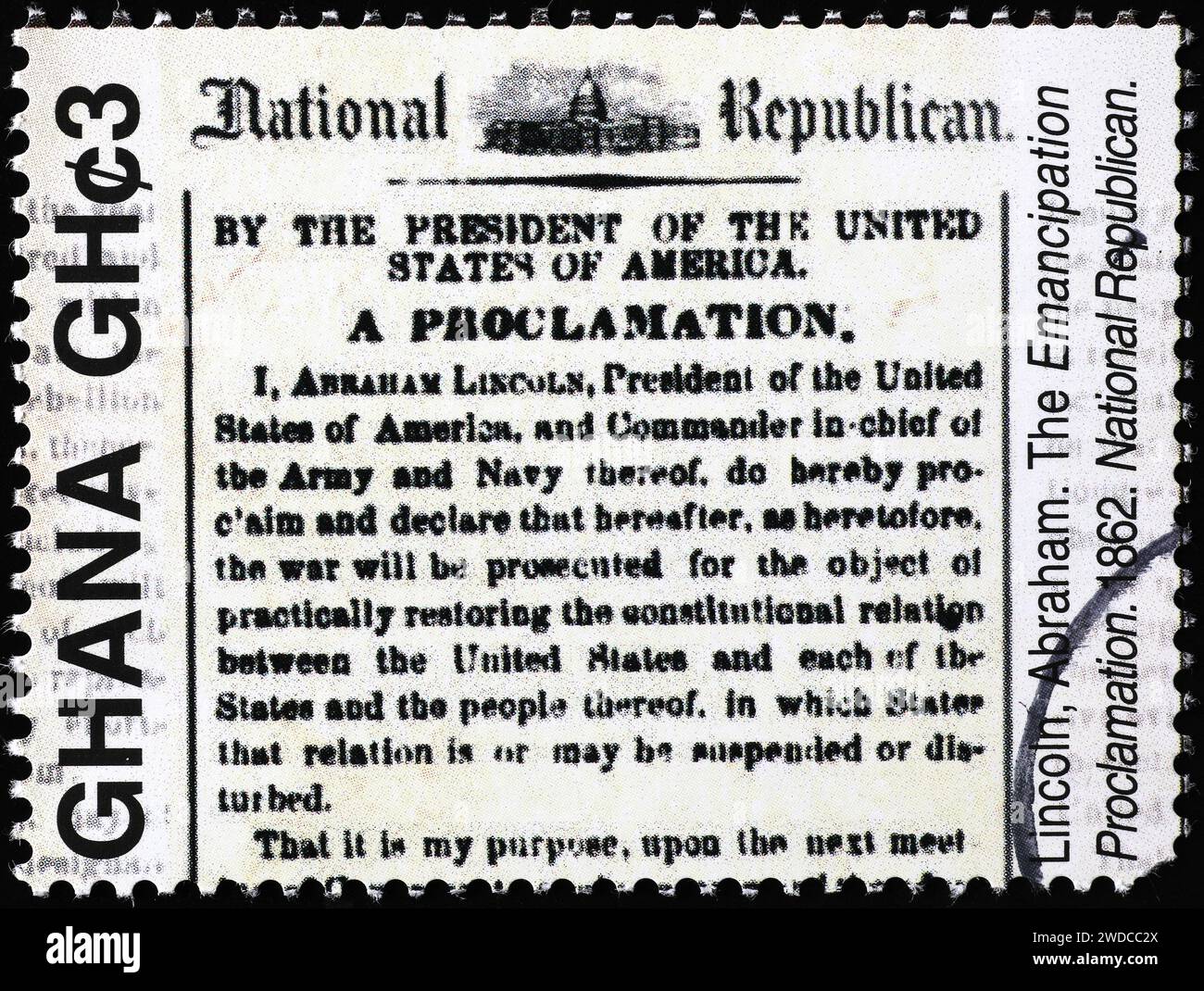 The emancipation proclamation by Lincoln on postage stamp from Ghana Stock Photo