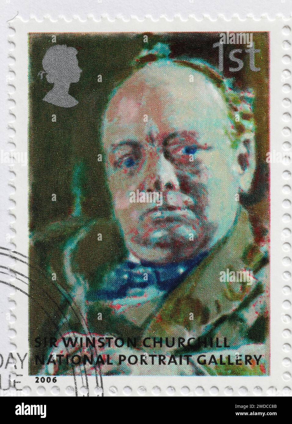 Wiston Churchill from the National Portrait Gallery on postage stamp Stock Photo