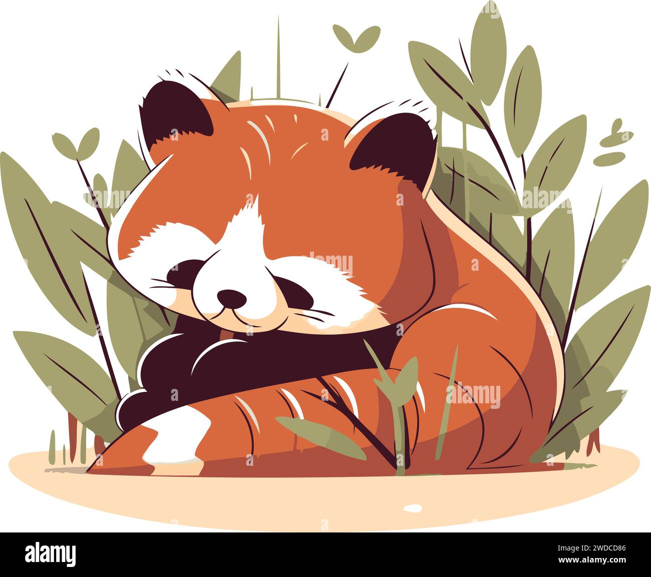 Red panda sleeping on the ground. Cute cartoon vector illustration
