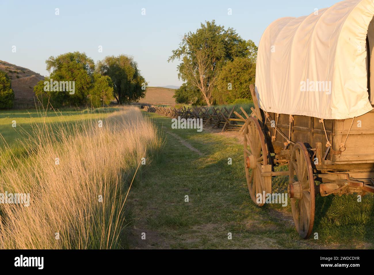 Walla Walla, WA, USA - May 24, 2023; Covered wagon on reconstructed Oregon Trail at Whitman Mission NHS Stock Photo