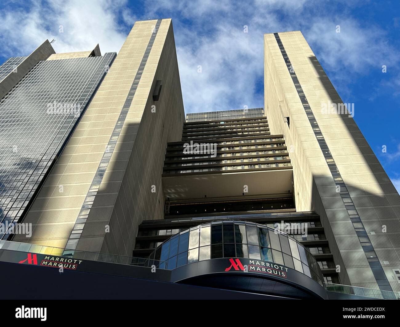 Low angle view of Marriot Marquis Hotel, Times Square, New York City, New York, USA Stock Photo