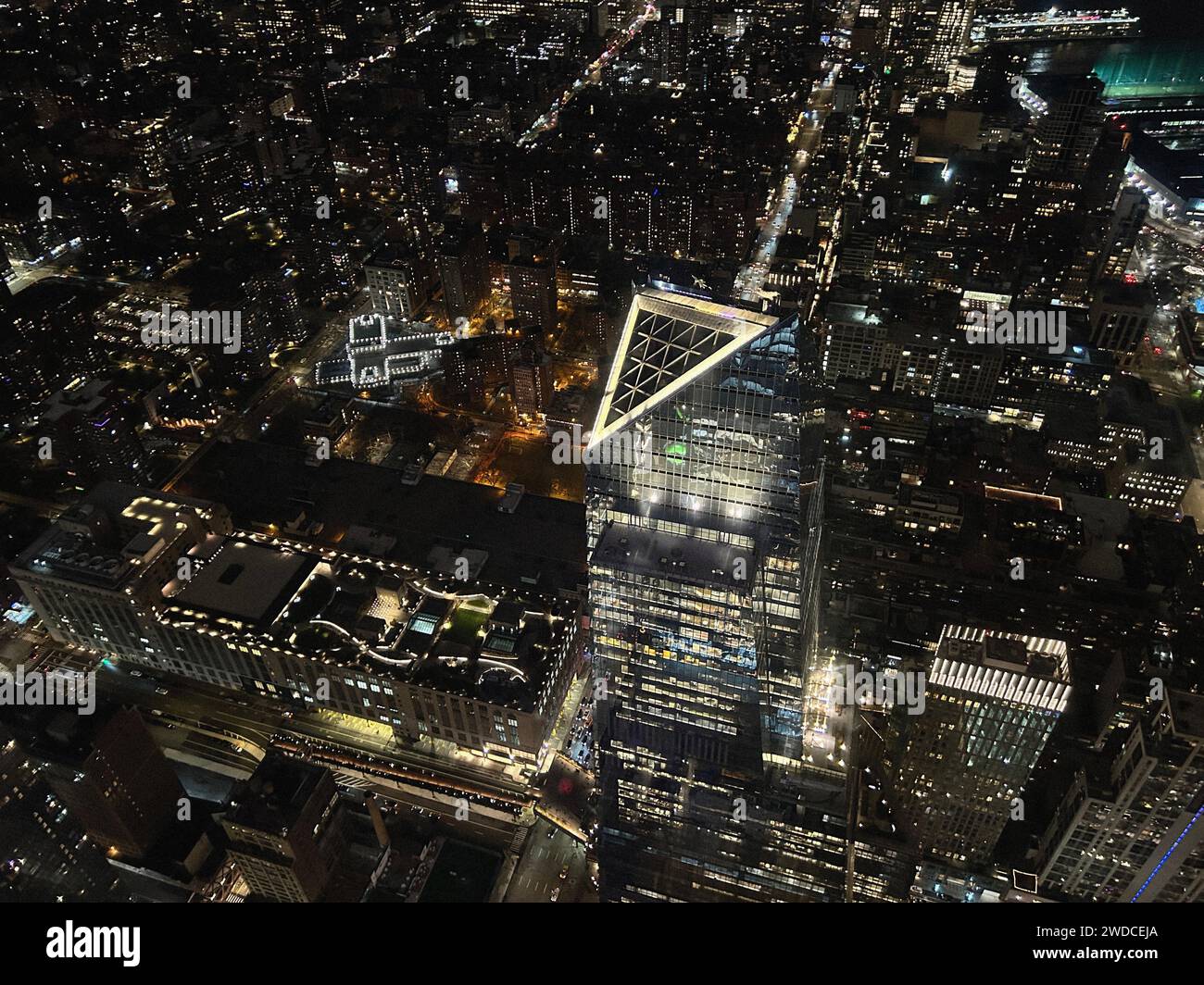 High angle view of 10 Hudson Yards and surrounding area at night, New York City, New York, USA Stock Photo